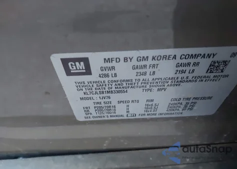 2021 Chevrolet Trax 1Lt z USA, uszkodzony, nr VIN KL7CJLSB1MB330554